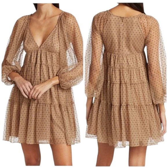 Staud Meadow Puff Sleeve Tan Black Polka Dot V Neck Tiered Dress - Picture 2 of 14